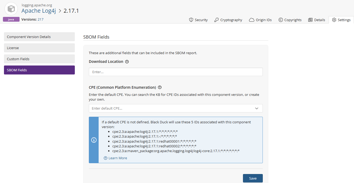 Component Version page
