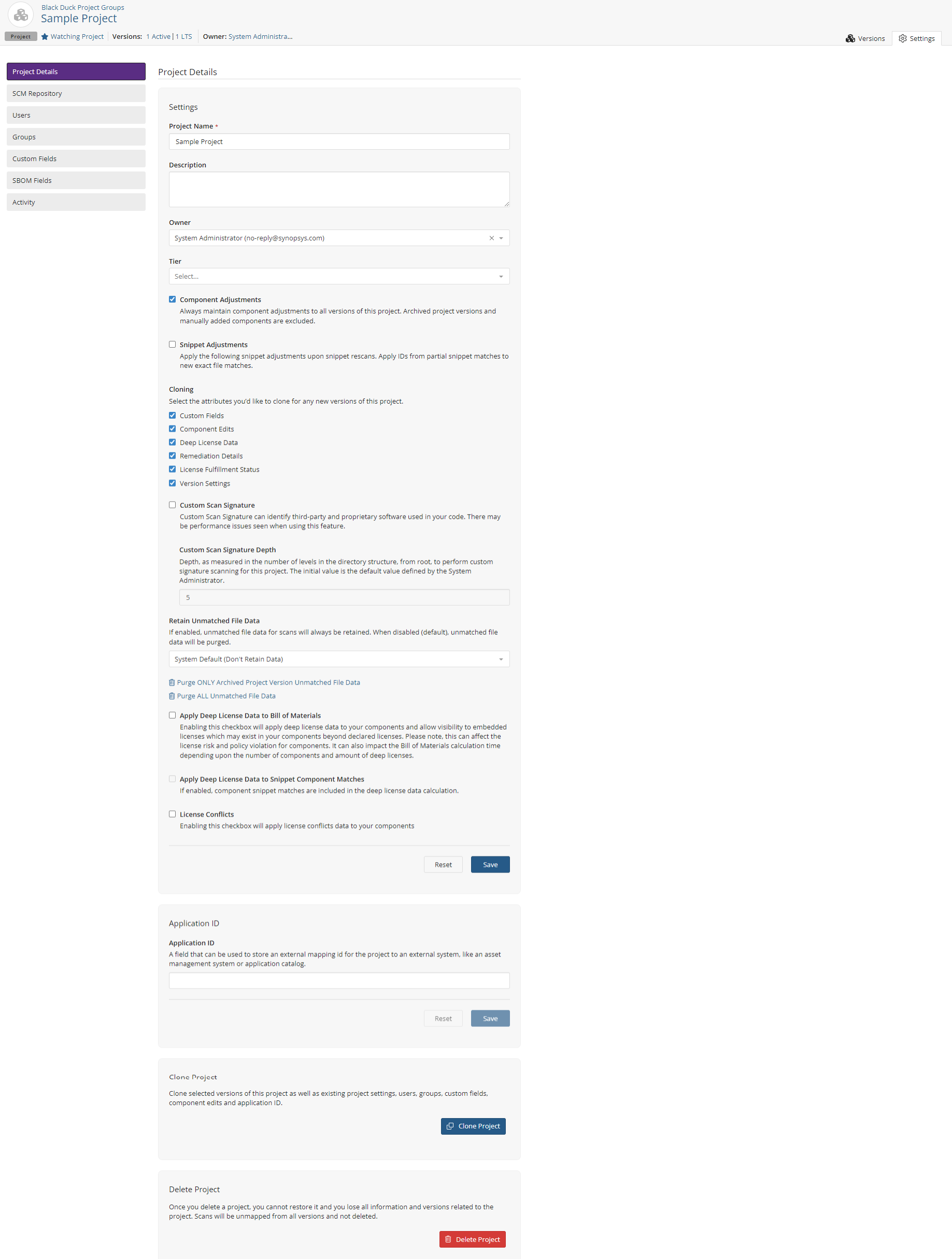 Project page Settings tab